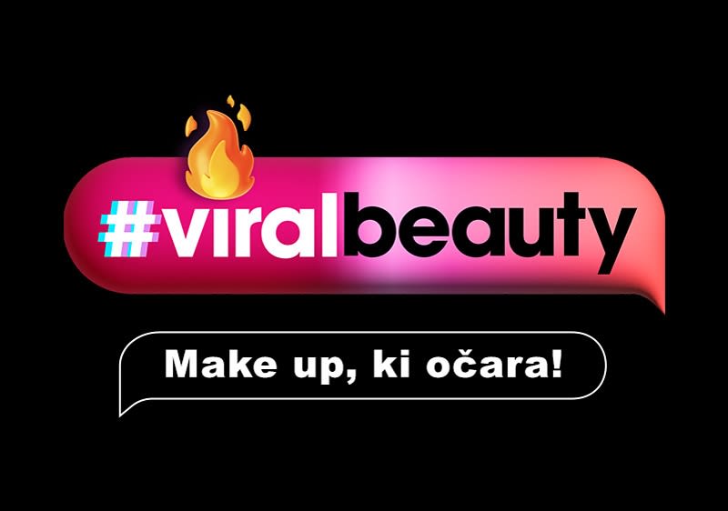 Grafika napis #viralbeauty z ognjem na rožnato-rdeči oblačilu in reklamni napis Make up, ki očara