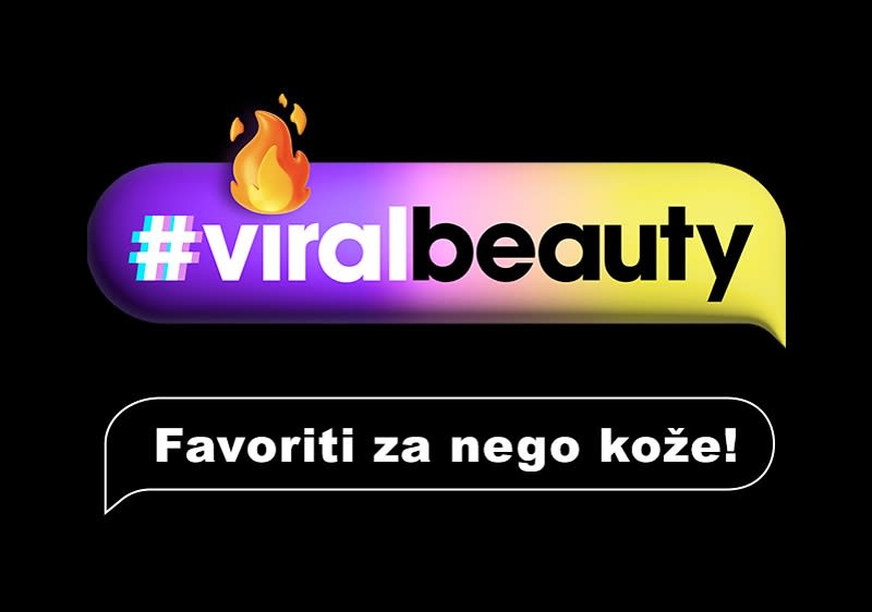Grafika z napisom #viralbeauty z ognjem in besedilom Favoriti za nego kože