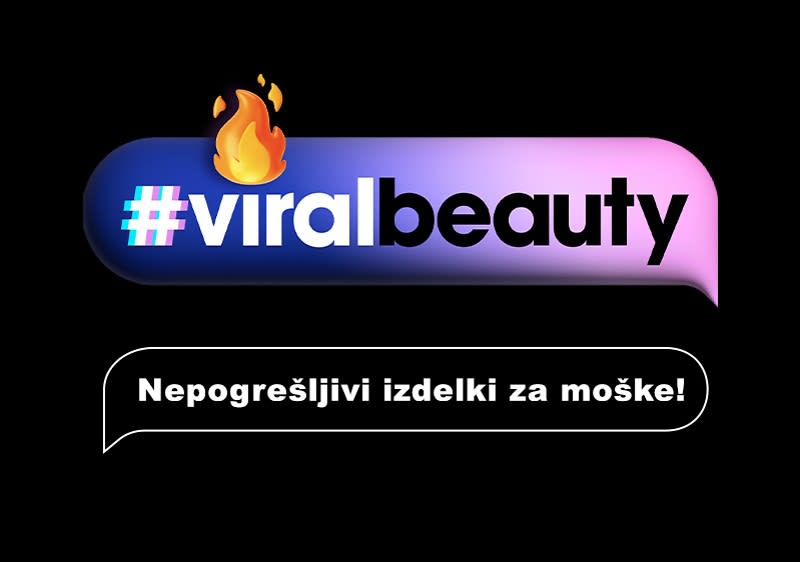 #viralbeauty logotip s ognjem in gradient barvami ter napis Nepogrešljivi izdelki za moške