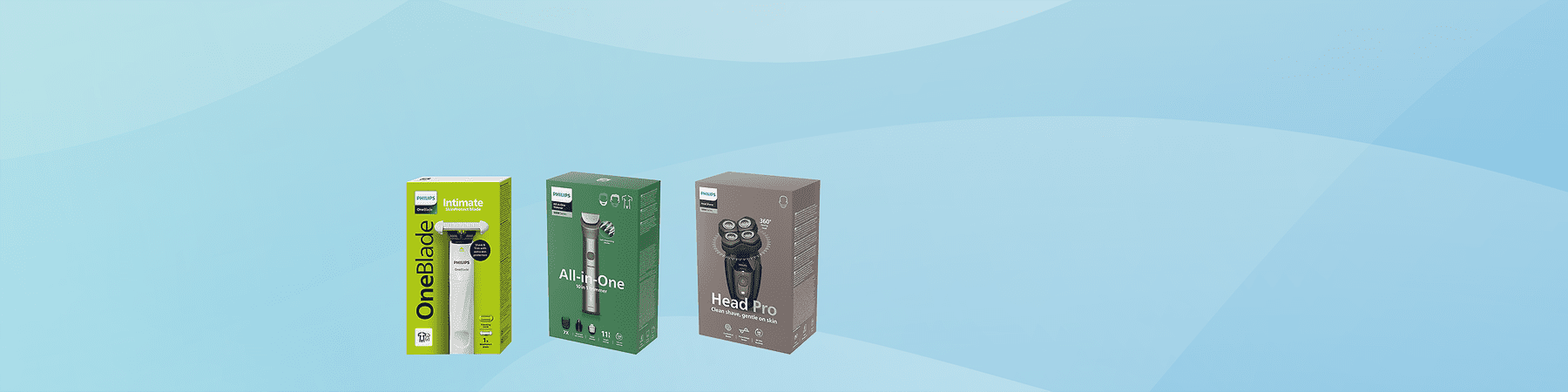 Tri škatle električnih britvic z leve: OneBlade intimna britvica, All-in-One večnamenska naprava, Head Pro večglavna britvica