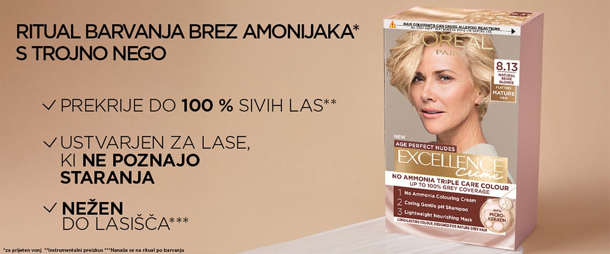 Barvna škatla za barvanje las L'Oréal Excellence na svetlo bež ozadju z napisom o barvanju brez amonijaka