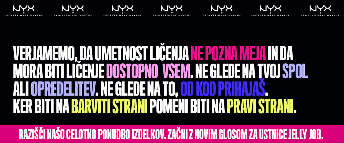 NYX profesionalna ličila oglas z dvema ženskima portretoma in roza ozadjem, logotip NYX v sredini