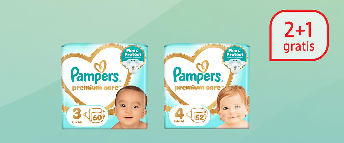 Pampers premium care pakiranja plenic z dojenčkoma in napis 2+1 gratis
