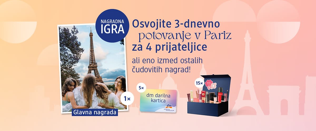 Plakat nagradne igre z napisom osvojite 3-dnevno potovanje v Pariz za 4 prijateljice, slika Eifflovega stolpa in prijateljic, darilna kartica, lepotni paket