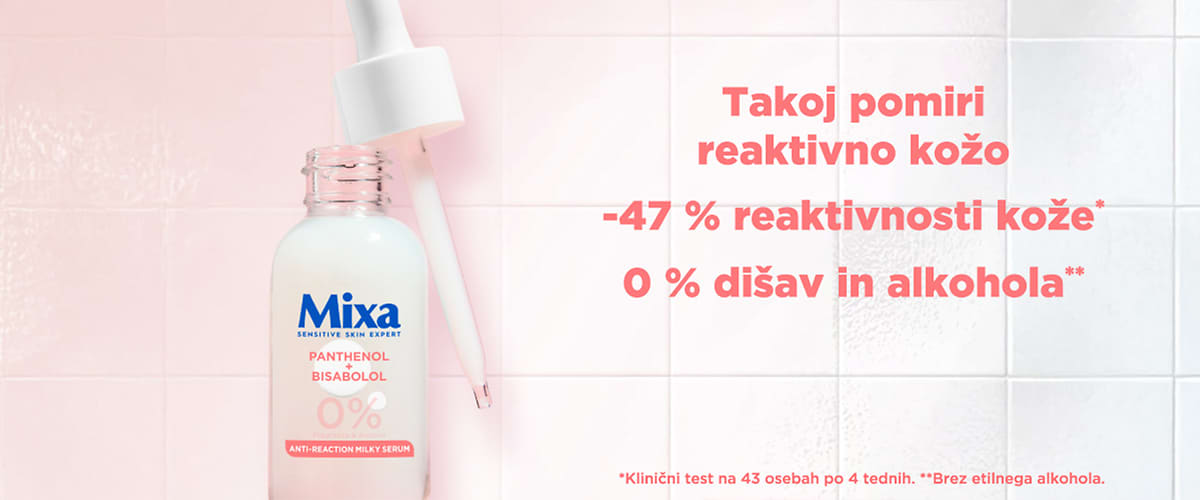 Mixa obrazni serum v stekleni pipeti na rožnatem ozadju z besedilom o pomiritvi kože