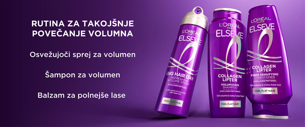Rutina za povečanje volumna z L'Oreal Elseve šampon balzam in osvežujoči sprej za volumen