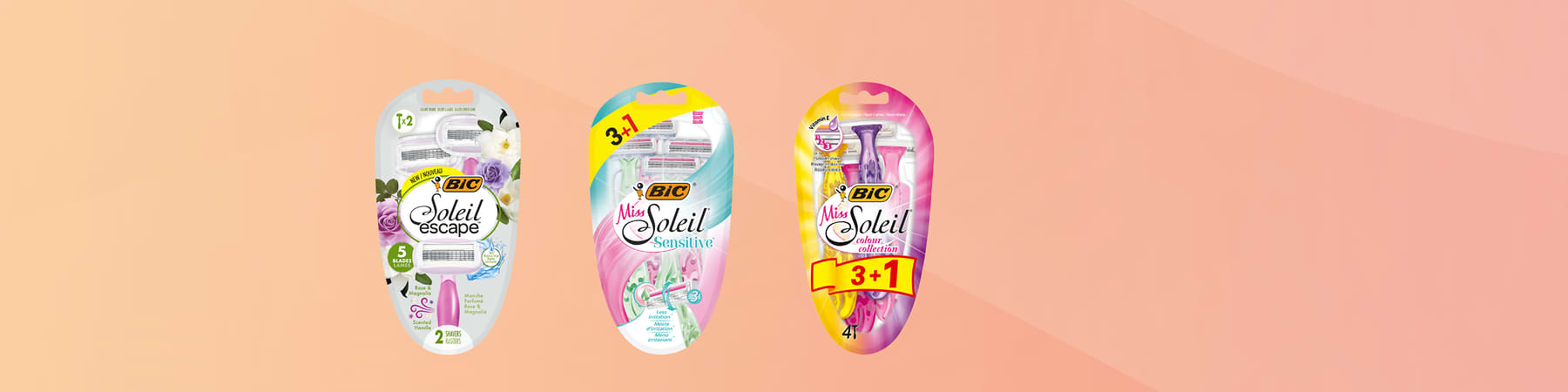 BIC Miss Soleil britvice v treh različnih embalažah na rožnatem ozadju