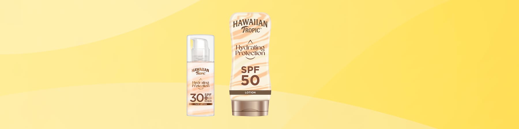 Hawaiian Tropic SPF 30 obrazna krema in SPF 50 losjon na rumenem ozadju