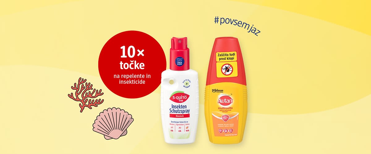 Repelenti proti insektom s stekleničkama in napisom 10× točke na rdečem krogu