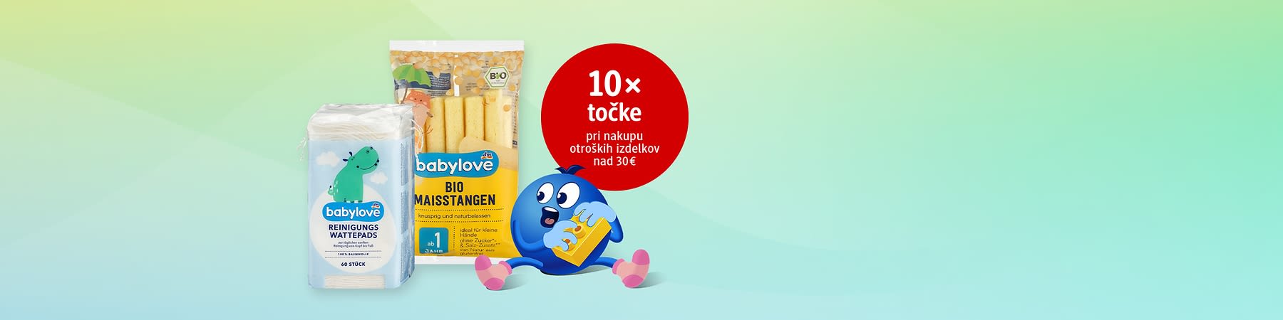 Alt-Text: Embalaža izdelkov Babylove vključno z vlažnimi robčki in bio koruznimi palčkami ter promocijski krog z napisom 10× točke