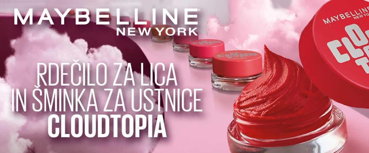 Maybelline oglas z rdečilom in šminko Cloudtopia na rožnati podlagi