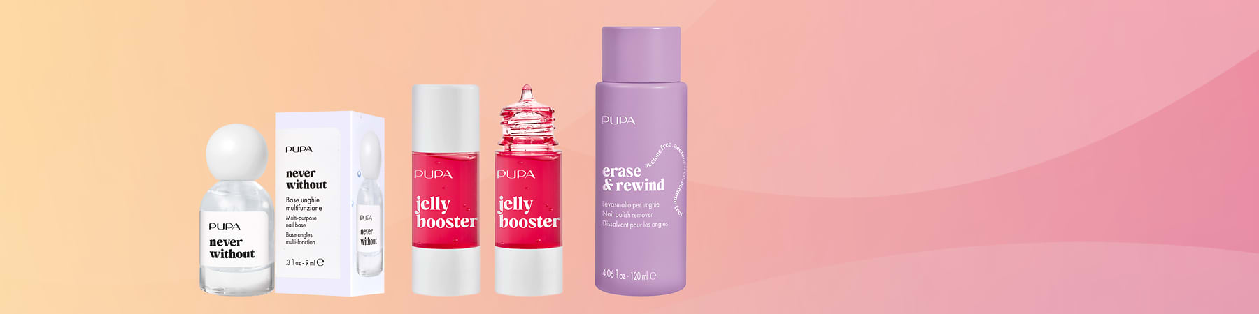 Alt-tekst: PUPA kozmetični izdelki v vrsti vključno z lakom za nohte podlako jelly booster in odstranjevalcem laka