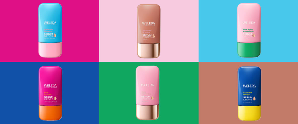 Weleda serum drops v različnih barvnih embalažah na barvnih ozadjih