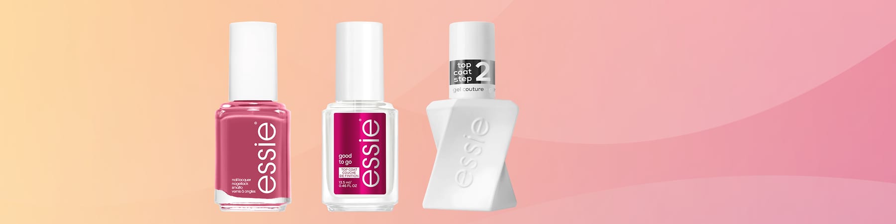 Essie nohtni laki in top coat na rožnato-oranžni podlagi
