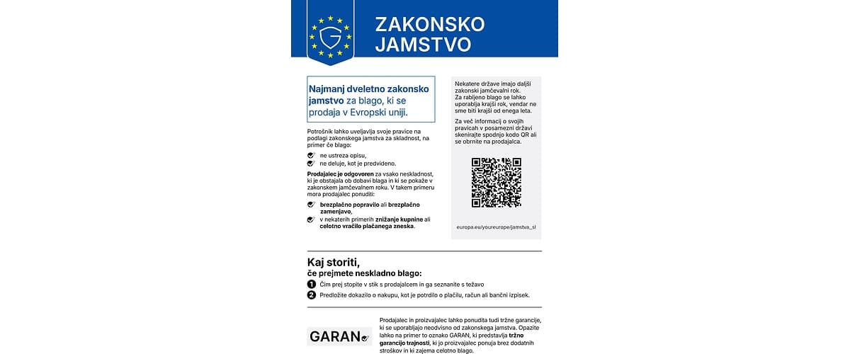 Zakonksno jamstvo obvestilo z navodili in QR koda