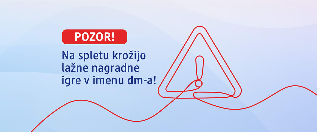 Pozor opozorilo s tekstom o lažnih nagradnih igrah dm opozorilo ikona trokut z klicajem in valovita rdeča črta
