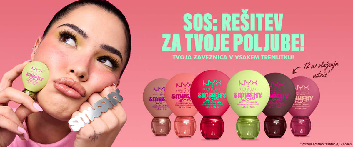 SOS: rešitev za tvoje poljube oglas z žensko, ki drži barvne NYX Smushies balzame za ustnice in več odtenkov izdelkov na rožnati podlagi