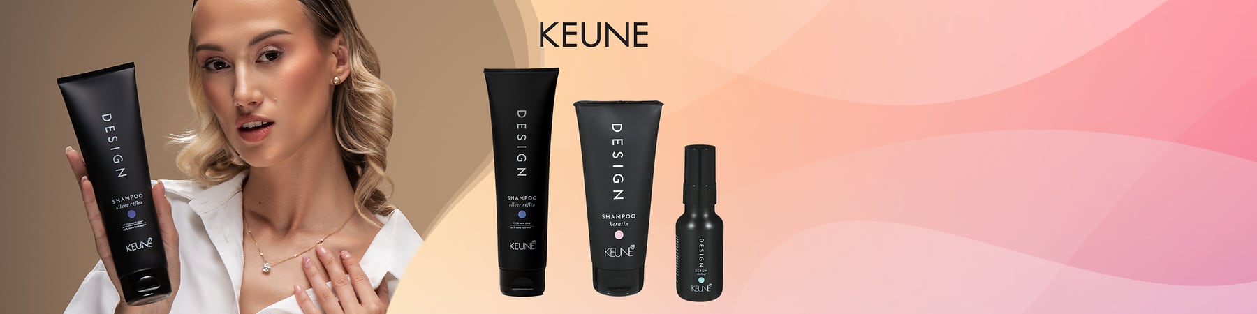 Keune Design šampon in serum z modelom, črke na roza in bež ozadju