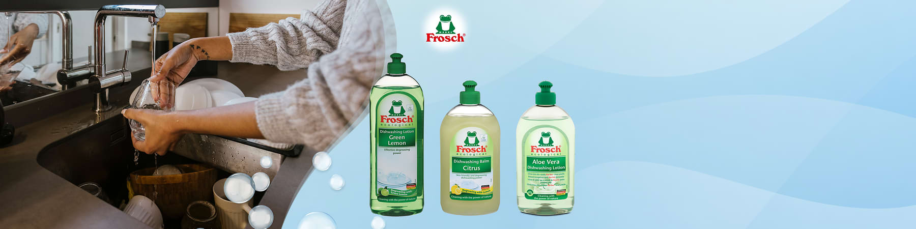 Frosch Aloe Vera pomivalno sredstvo v prosojni plastenki na modrem ozadju