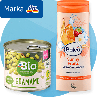 Slika koja prikazuje konzervu edamame i bočicu Balea Sunny Fruits gela za tuširanje