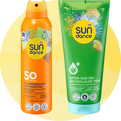 Slika koja prikazuje dva Sundance losiona za sunčanje jedan narandžasti sprej SPF50 i zeleni after sun gel