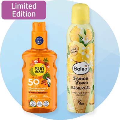 Slika koja prikazuje dva proizvodа limited edition sprej za sunčanje i Balea Lemon Lover gel za brijanje