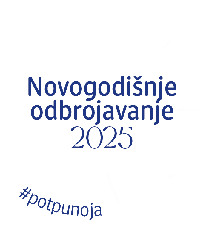 Natpis „Novogodišnje odbrojavanje 2025“ na beloj pozadini sa tekstom „#potpunoja“