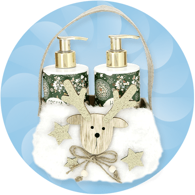 Eine Geschenkbox mit winterlichem Design enthält drei Alverde-Produkte, darunter Pflegedusche, Handcreme und Körperlotion mit Bio-Vanille-Extrakt, die Verpackung zeigt eine verschneite Landschaft und die Aufschrift „Sanfte Pflege“