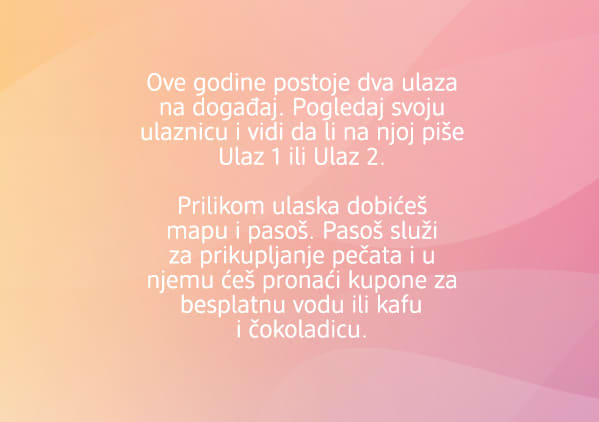 Slika sa tekstom o dva ulaza na događaj i dobijanju mape i pasoša pri ulasku ključna reč događaj
