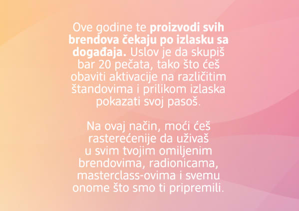 Slika koja prikazuje tekst o proizvodima brendova i uslovu prikupljanja pečata za izlazak sa događaja