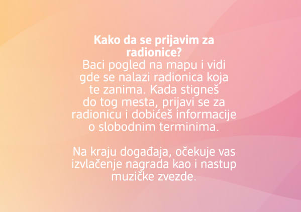 Slika sa tekstom koji objašnjava kako se prijaviti za radionice prikazana na pastelnoj pozadini
