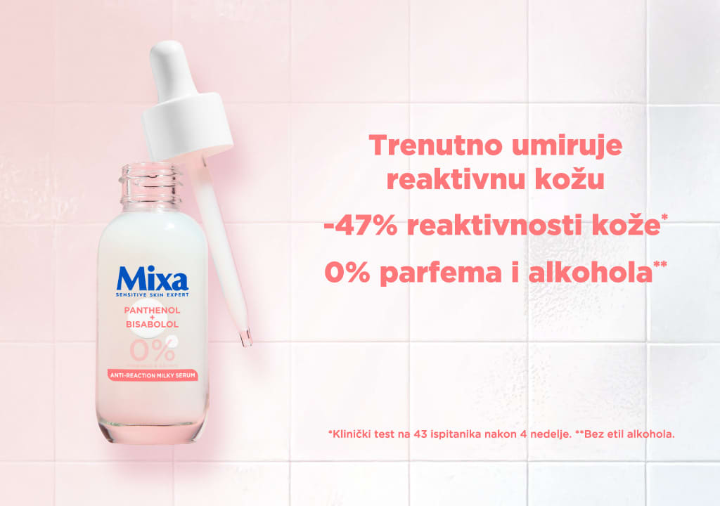 Slika koja prikazuje bocu Mixa seruma za umirivanje reaktivne kože sa pipetom i tekstom reklamne poruke