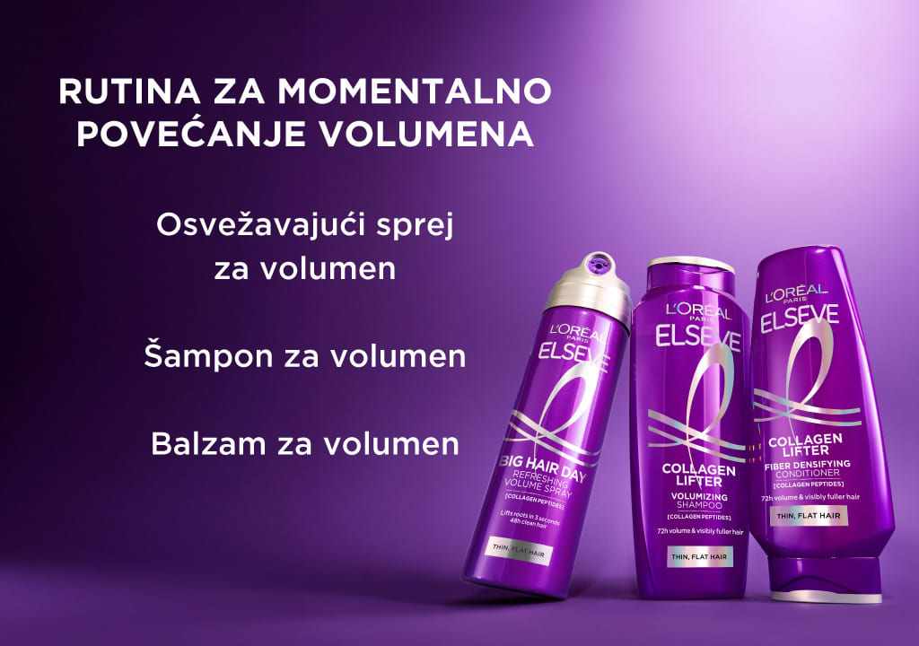 Slika koja prikazuje L'Oréal Elseve proizvode za volumen kose na ljubičastoj pozadini