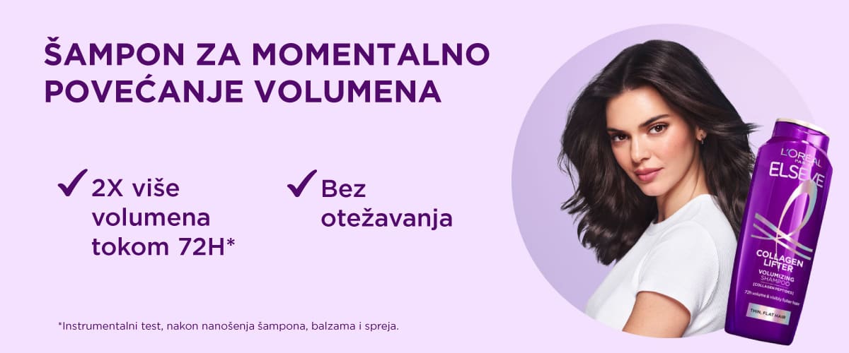 Slika koja prikazuje ženu sa tamnom kosom i pakovanje šampona koji povećava volumen