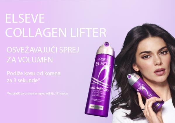 Slika koja prikazuje bočicu Elseve Collagen Lifter osvežavajućeg spreja za volumen pored žene koja drži sprej