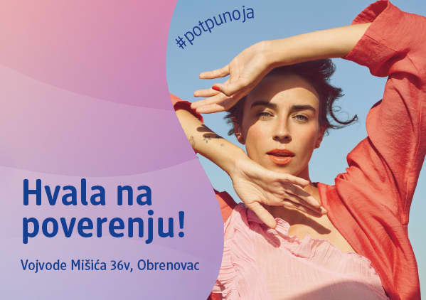 Slika koja prikazuje osobu u crvenoj košulji koja se smešta na sunčanom nebu uz tekst Hvala na poverenju