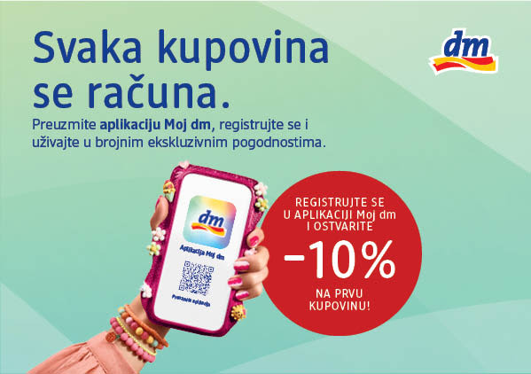 Slika koja prikazuje reklamu dm aplikacije sa porukom o popustu od 10% na prvu kupovinu
