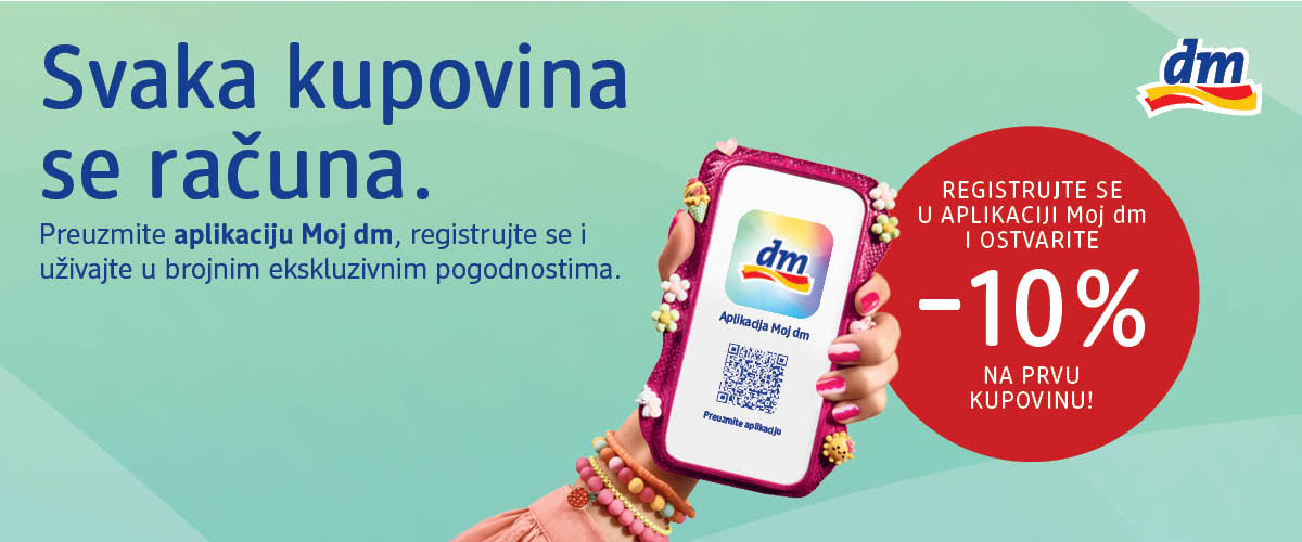 Slika koja prikazuje reklamu dm sa telefonom i natpisom Svaka kupovina se računa ključna reč: kupovina