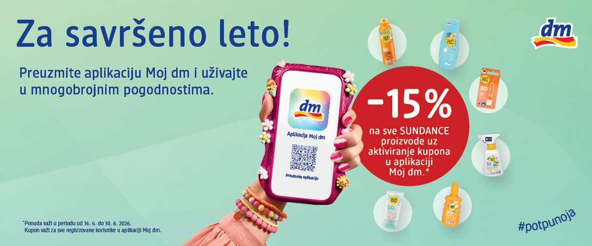 Slika koja prikazuje promociju za savršeno leto sa aplikacijom Moj dm i popustom od 15% na Sundancer proizvode