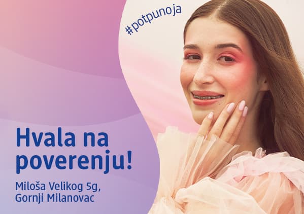 Slika koja prikazuje nasmejanu devojku sa protezom i natpisom Hvala na poverenju ključna reč: poverenje