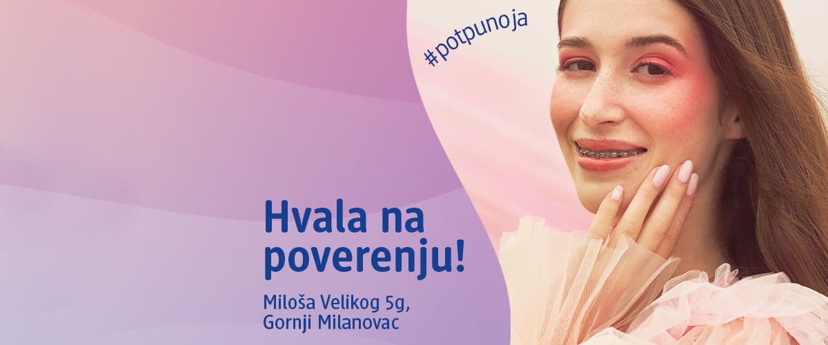 Slika koja prikazuje nasmejanu devojku sa protezama i natpisom Hvala na poverenju ključna reč potpunoja