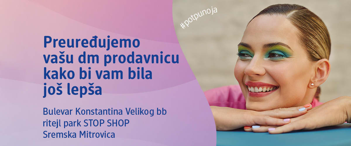 Slika koja prikazuje osmehnutu ženu sa šminkom i tekstom o preuređenju dm prodavnice ključna reč: dm prodavnica