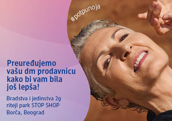 Slika koja prikazuje nasmejanu ženu sa šarenom šminkom i tekstom o preuređenju dm prodavnice