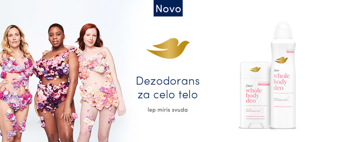 Slika koja prikazuje tri žene u cvetnim kostimima i dezodorans Dove za celo telo