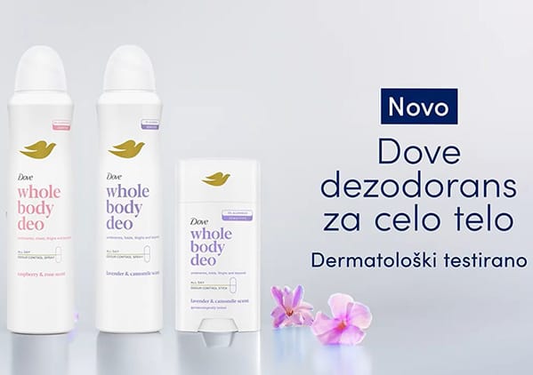 Slika koja prikazuje Dove dezodorans za celo telo uz bočice i štapić sa cvećem