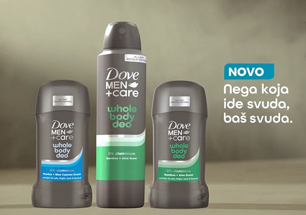 Slika koja prikazuje Dove Men+Care dezodoranse whole body deo u pakovanju tri komada