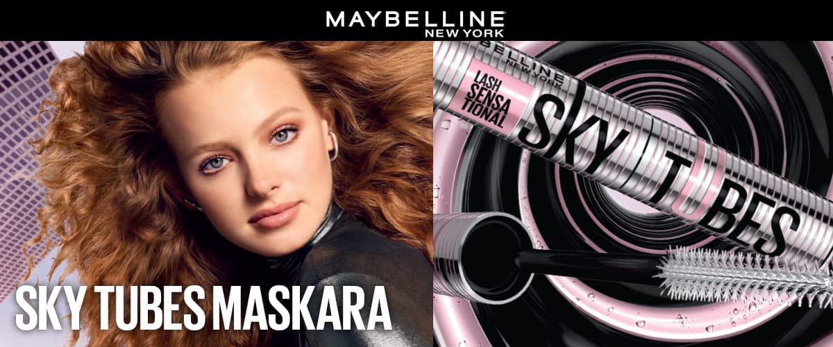 Slika koja prikazuje reklamni poster za Maybelline Sky Tubes maskaru sa ženom sa kovrdžavom kosom