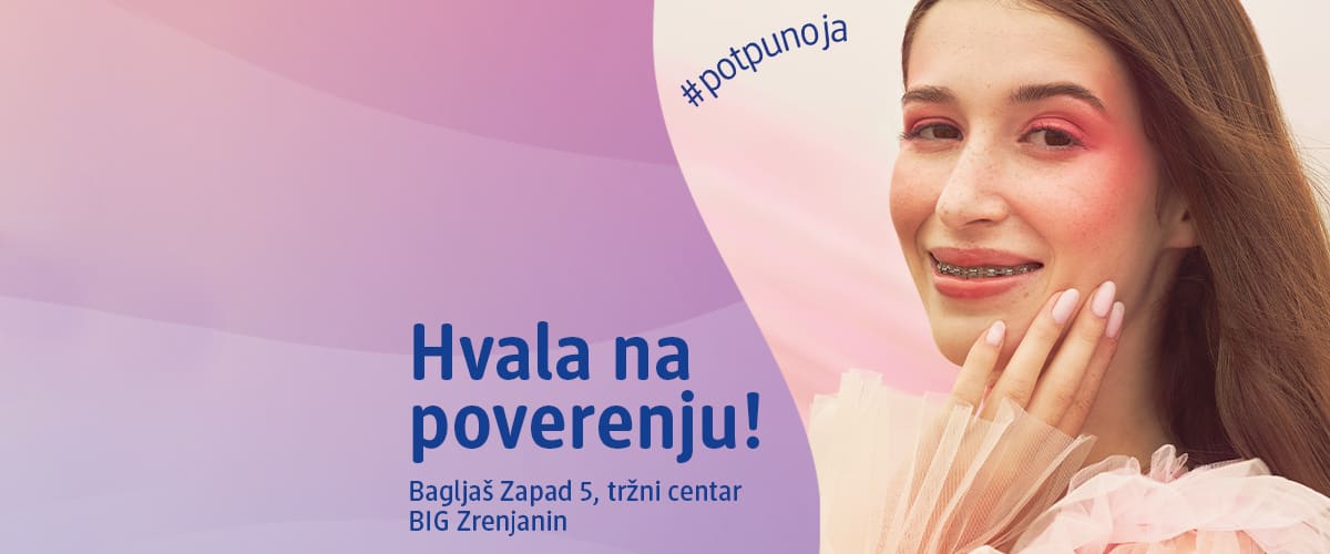 Slika koja prikazuje nasmejanu devojku sa fiksatorom i natpisom Hvala na poverenju