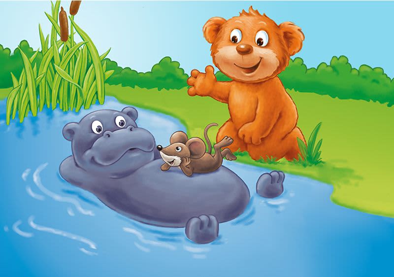 Saubär steht am Wasser in dem ein Nilpferd mit einer Maus auf dem Bauch planscht