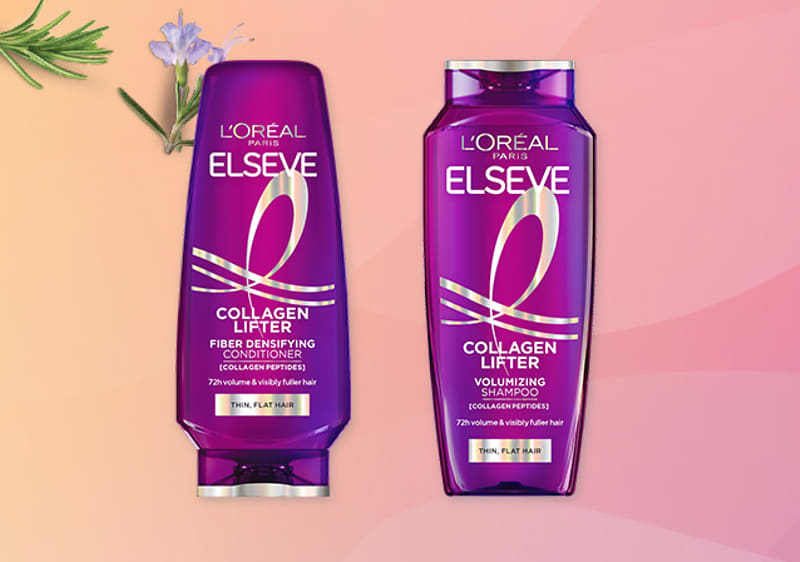 Slika koja prikazuje L Oreal Elseve Collagen Lifter šampon i regenerator na roze pozadini
